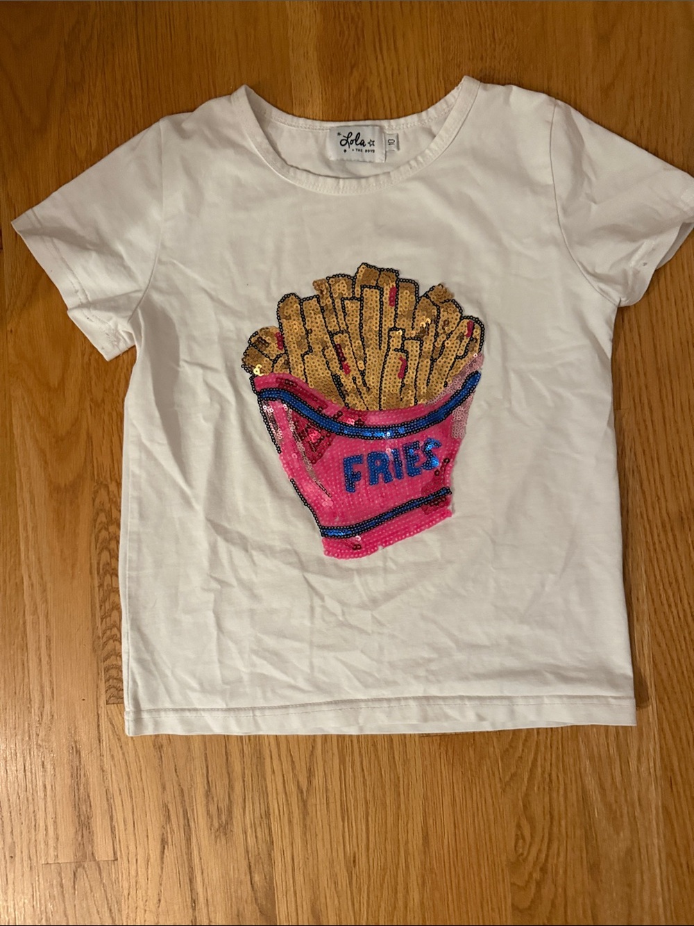 Lola + The Boys White Tee with Pink Sequin Fries Graphic